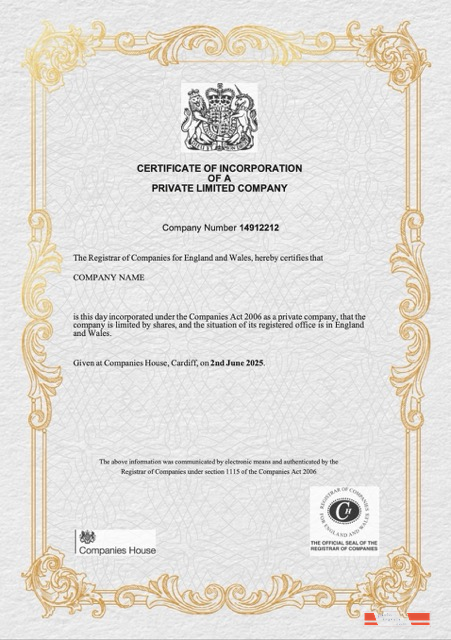 UK certificate of incorporation of a private limited company Word and PDF template, version 3